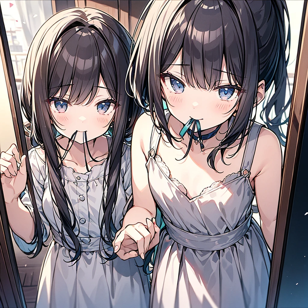 One girl, 一人in, blush, Black Hair, dress, bow, Twin tails, Cowboy Shot, teeth, No sleeve, Underarm, Hair on one eye, Grin, black bow, low Twin tails, sharp teeth, short Twin tails, In-person audience, beautiful, sad, Sulky, Irritation, Disgust, shy, fear, Tears in my eyes, Are crying, Sobbing, Tears, Tears flow, Wipe away the tears, Sobbing, Frowning, Frowningをする, Embarrassing, Blushed, Flushing, Blushed cheeks, Blushed face, Shy, Embarrassing, blushing, Glare, seiza, Sitting on the floor, in , Heartwarming scene, this, cute, cute, beautiful, Dream Core, Happy Core, hazy inmosphere, light inmosphere, gothic inmosphere, romantic inmosphere, Classic Academia, Fairy Academia, Romantic studies, 明るくカラフルな世界in, whole body,