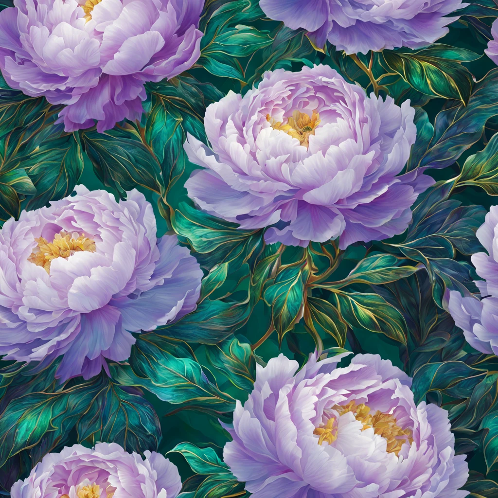 Beautiful pattern of shimmering terry lilac peonies, lots of leaves, green, emerald, gold, glow, digital painting, filigre fine detail, hyper-detailing, hyper-realism, high definition, bright and juicy, 128k