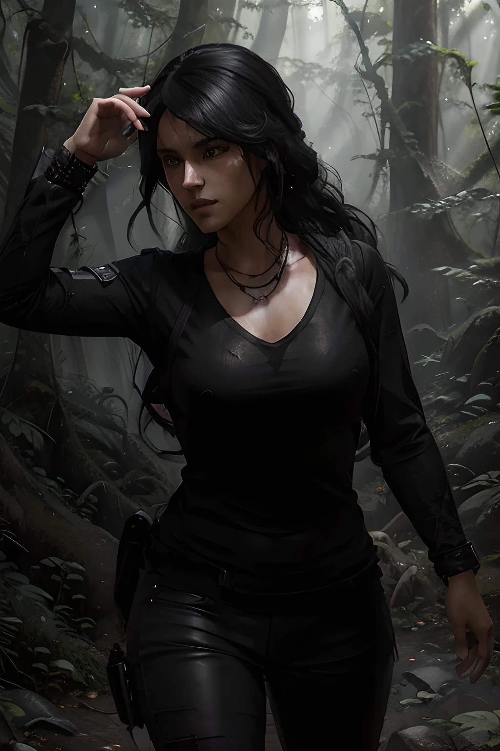 luscious flowing wavy black hair (masterpiece, best quality:1.3) UnchartedChloeFrazer, 1girl, solo, explorer, adventure, forest, badass, awesome, cool, epic, black long sleeve top, photorealistic, detailed, high quality, Photorealism, CGSociety, by WLOP, Art