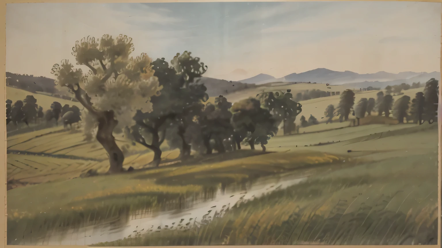 painting of a field with trees and bushes in the background, scene in an open field. 1 8 9 0, painting of landscape, inspired by Henri Harpignies, airy landscape, in a landscape, summer landscape, summer field, by Henri Harpignies, in the countryside, landscape in background, in a meadow, rural landscape