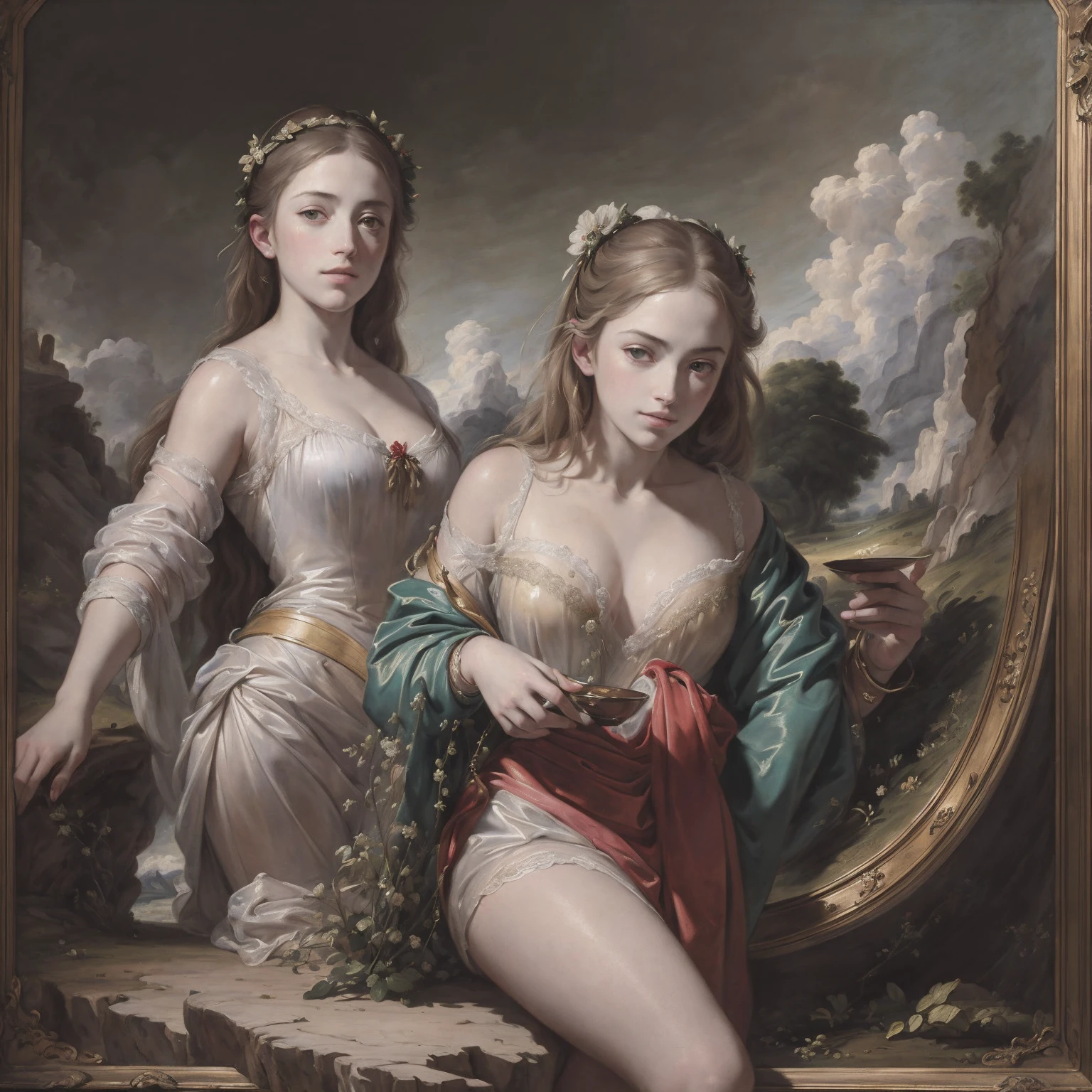 (masterpiece, high-quality), hyper-realism, Caravaggio-style, 8k Renaissance oil painting masterpiece, La Naissance Vénus (1879) by William-Adolphe Bouguereau style, Baroque aesthetics, Venus de Botticelli, demons and angels, renaissance art style. (style: The_Rap_of_the_Daughters_of_Leucippus_de_Peter_Paul_Rubens.),(style: Godfrey_Kneller_em_1689.),high resolution,painterly, Baroque style, chiaroscuro, dynamic composition, dramatic lighting, rich colors, detailed texture, divine expression, religious scene, floating scene --s3