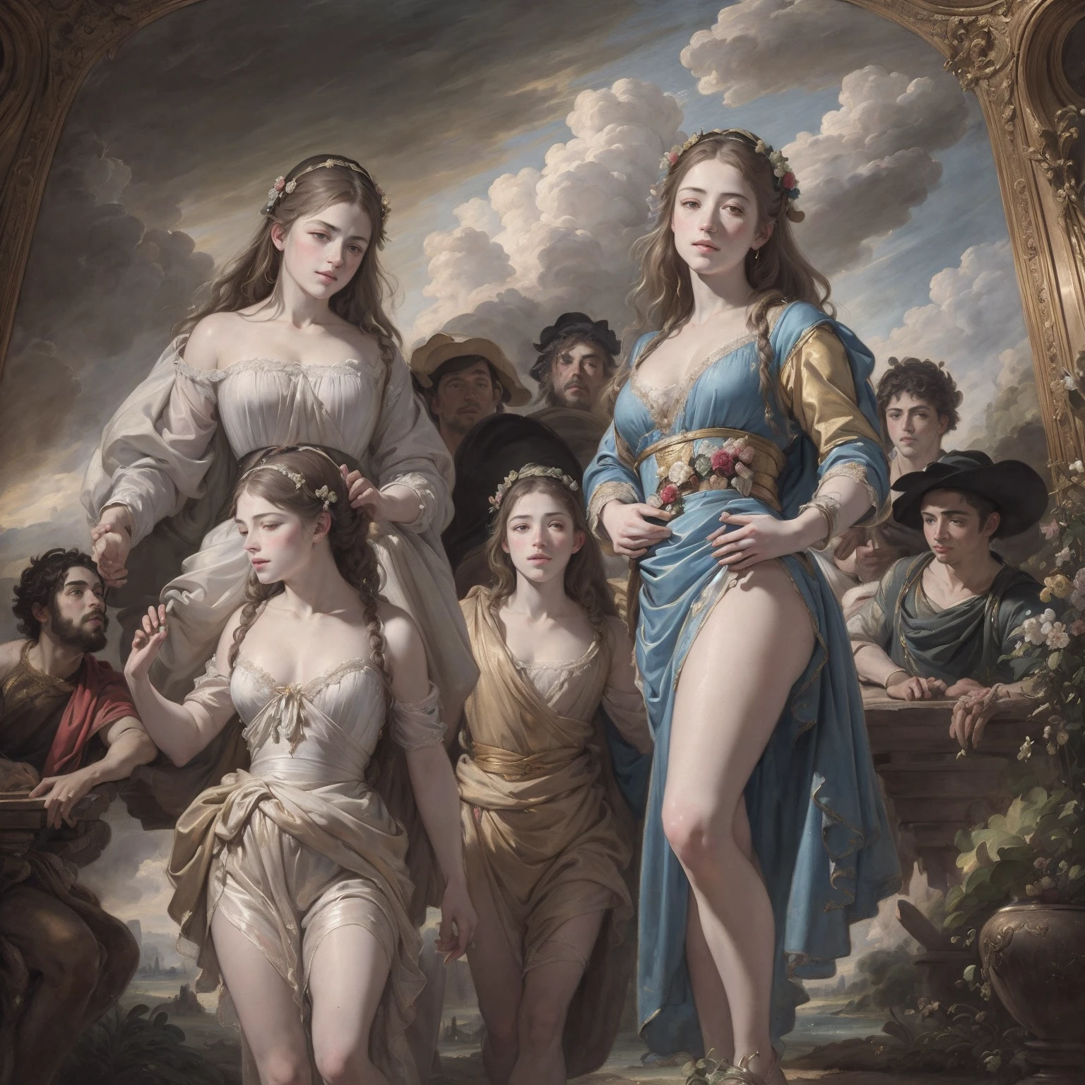 (masterpiece, high-quality), hyper-realism, Caravaggio-style, 8k Renaissance oil painting masterpiece, La Naissance Vénus (1879) by William-Adolphe Bouguereau style, Baroque aesthetics, Venus de Botticelli, demons and angels, renaissance art style. (style: The_Rap_of_the_Daughters_of_Leucippus_de_Peter_Paul_Rubens.),(style: Godfrey_Kneller_em_1689.),high resolution,painterly, Baroque style, chiaroscuro, dynamic composition, dramatic lighting, rich colors, detailed texture, divine expression, religious scene, floating scene --s3