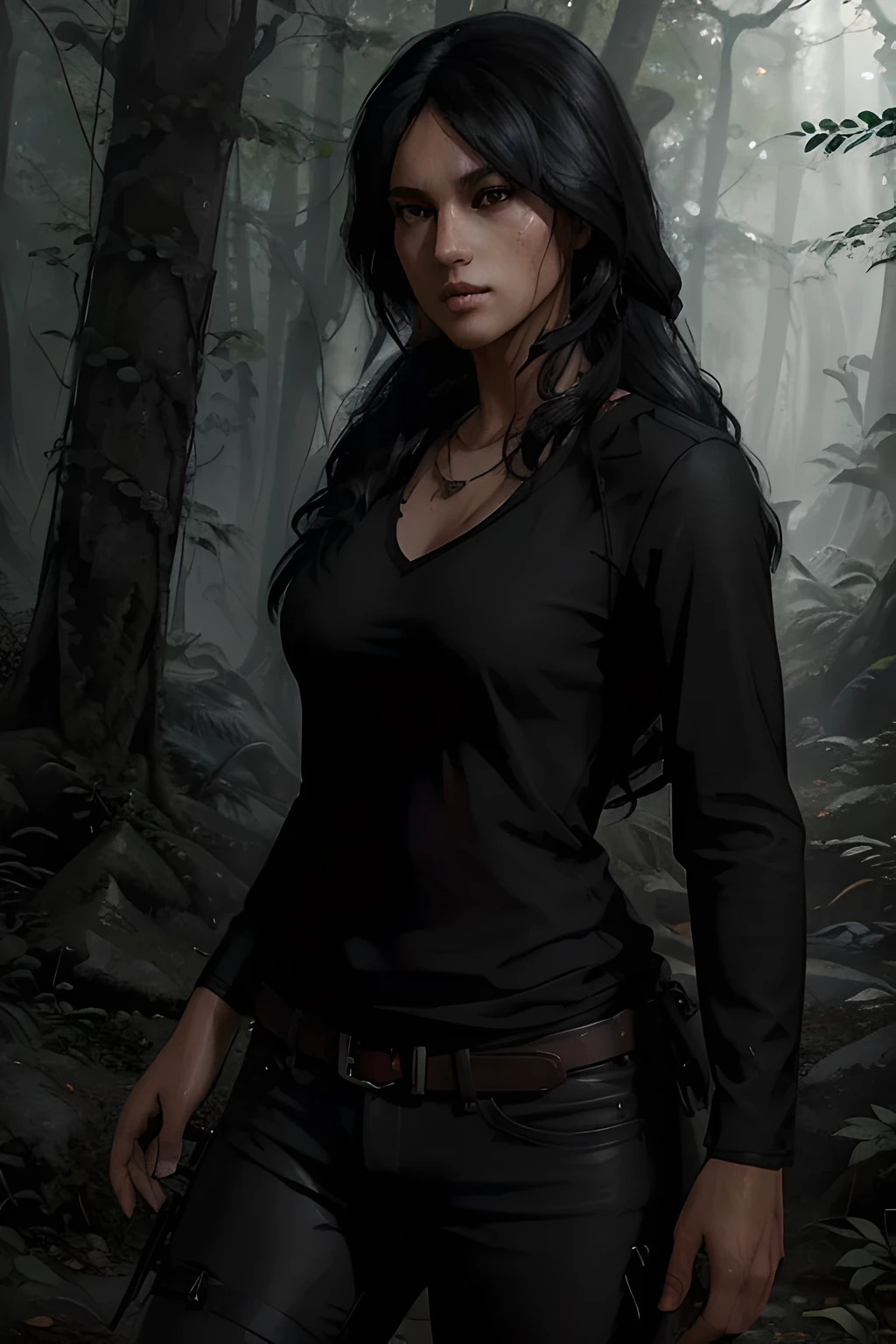 luscious flowing wavy black hair (masterpiece, best quality:1.3) UnchartedChloeFrazer, 1girl, solo, explorer, adventure, forest, badass, awesome, cool, epic, black long sleeve top, photorealistic, detailed, high quality, Photorealism, CGSociety, by WLOP, Art