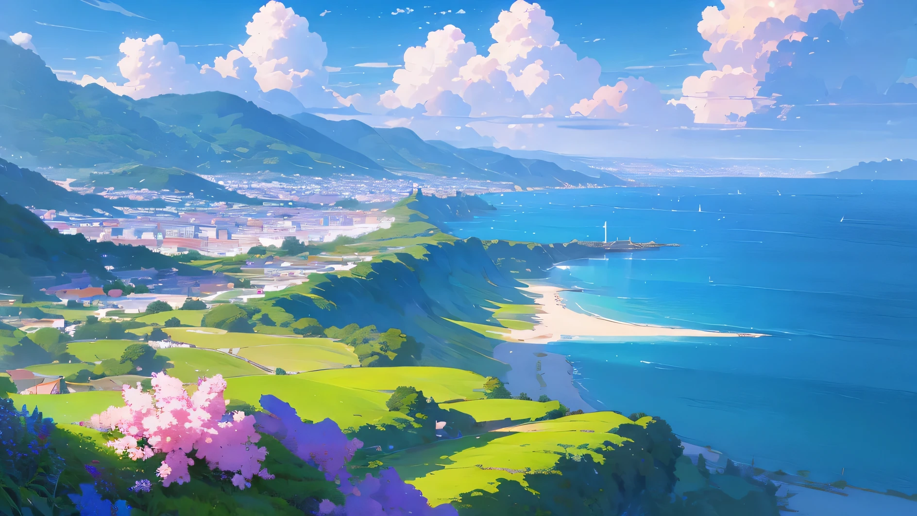 painting of a beach with flowers and a cliff in the background, beautiful wallpaper, flowers sea everywhere, ross tran. scenic background, beach landscape, beautiful art uhd 4 k, anime beautiful peace scene, beautiful beach, beautiful anime scenery, scenery artwork, beautiful anime scene, amazing wallpaper, magnificent background, rhads and thomas kinkade, scenery wallpaper, beautiful scenery