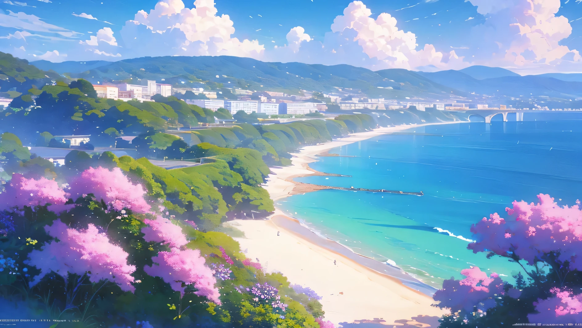 painting of a beach with flowers and a cliff in the background, beautiful wallpaper, flowers sea everywhere, ross tran. scenic background, beach landscape, beautiful art uhd 4 k, anime beautiful peace scene, beautiful beach, beautiful anime scenery, scenery artwork, beautiful anime scene, amazing wallpaper, magnificent background, rhads and thomas kinkade, scenery wallpaper, beautiful scenery