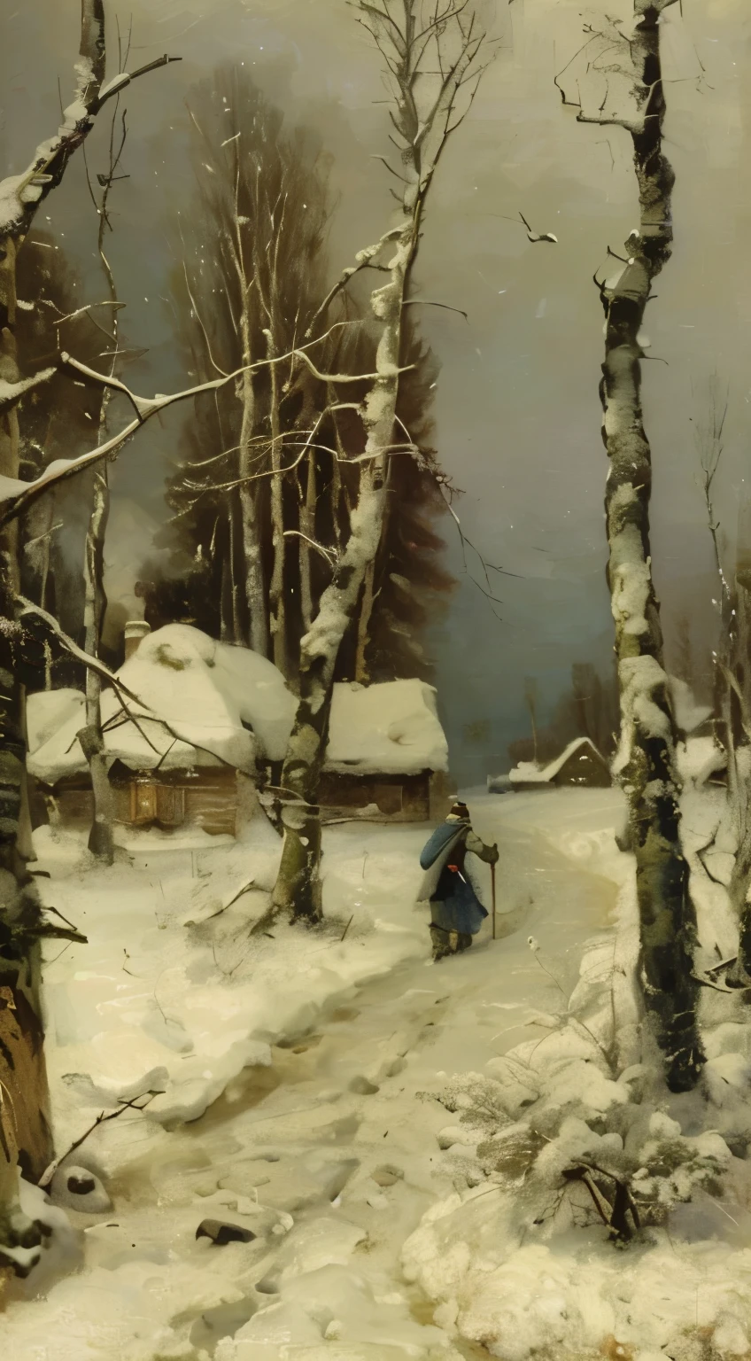 painting of a snowy landscape with a man walking in the snow, inspired by Vasily Surikov, inspired by Konstantin Makovsky, inspired by Vasily Polenov, by Fyodor Alekseyev, inspired by Alexei Kondratyevich Savrasov, by Vasily Polenov, style of ivan shishkin, by Vasily Surikov