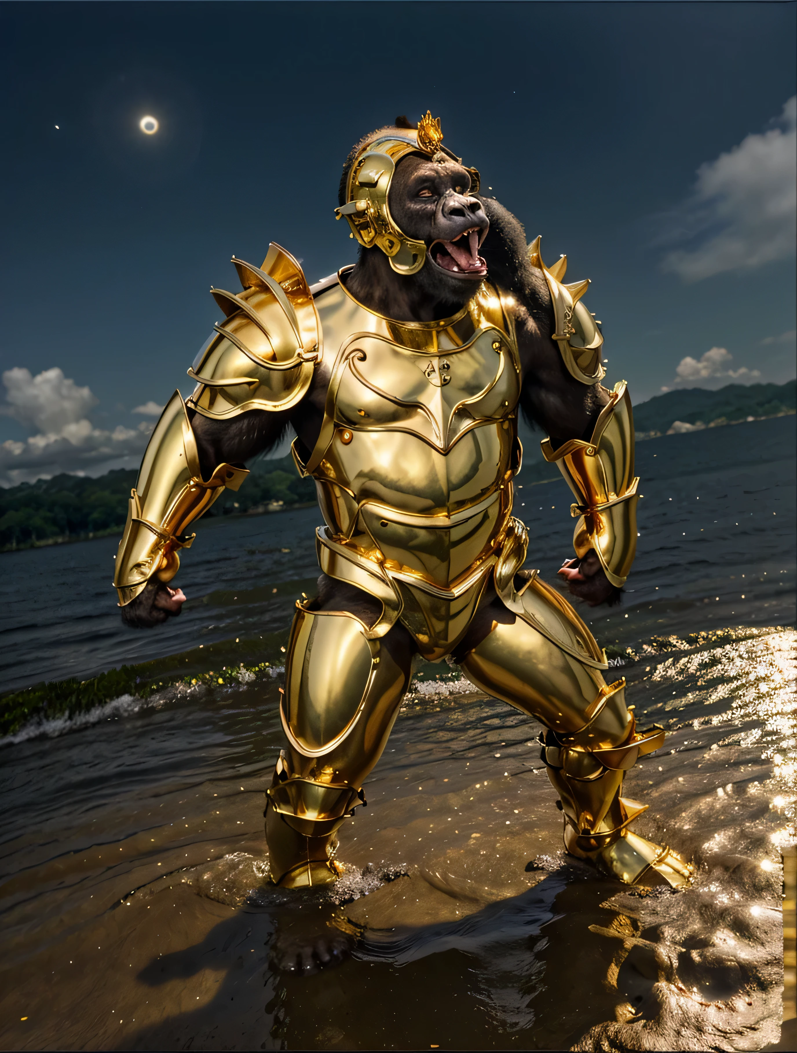 gorilla with a gold armor, fundo de floresta, Eastern scenery, um rio, um lago.