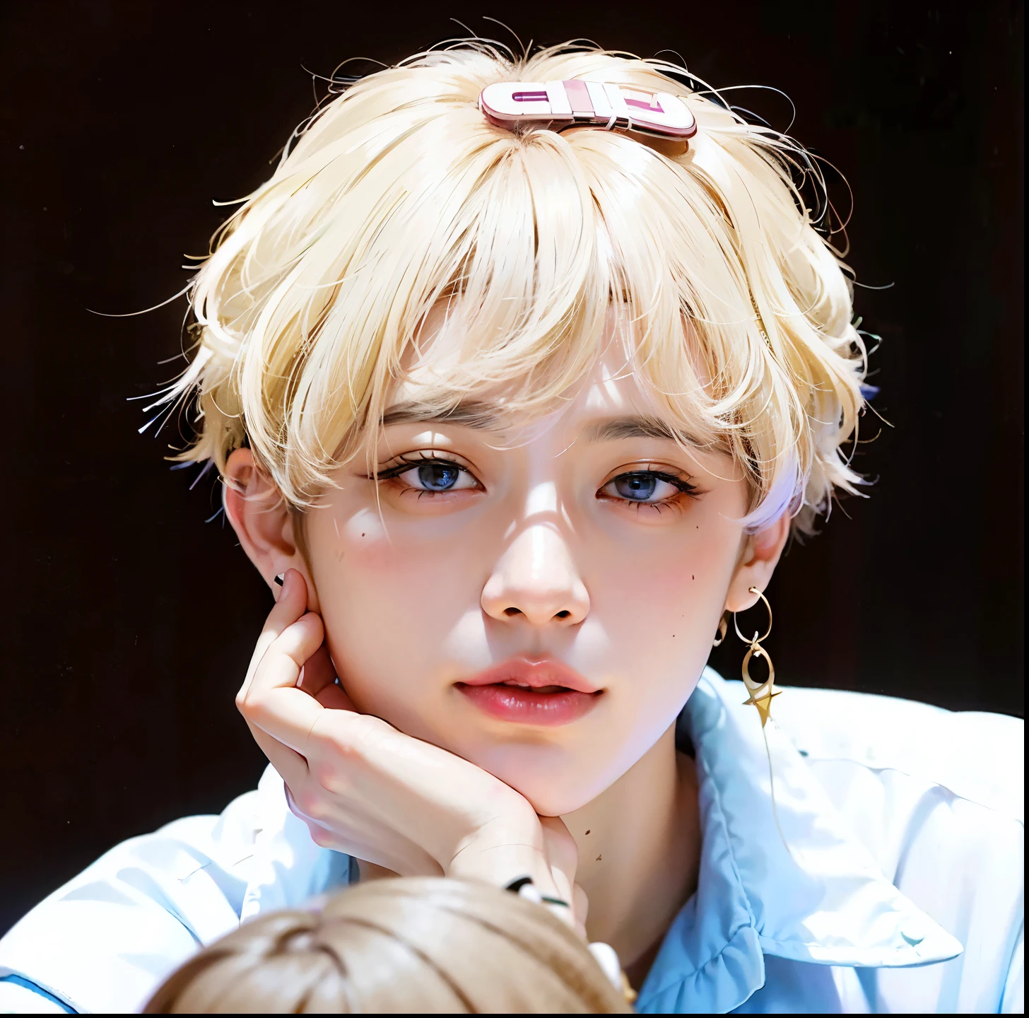 un primer plano de una persona con una banda para el cabello, cai xukun, Jimin\los labios carnosos, Jimin, kim doyoung, taehyung comiendo papas fritas gucci, accurate Jimin face, Jimin\his right eyelid is swollen, park Jimin, Jimin\la nariz griega, pale korean adorable face, TaeJune Kim, inspirado en Kun Can, jungkook