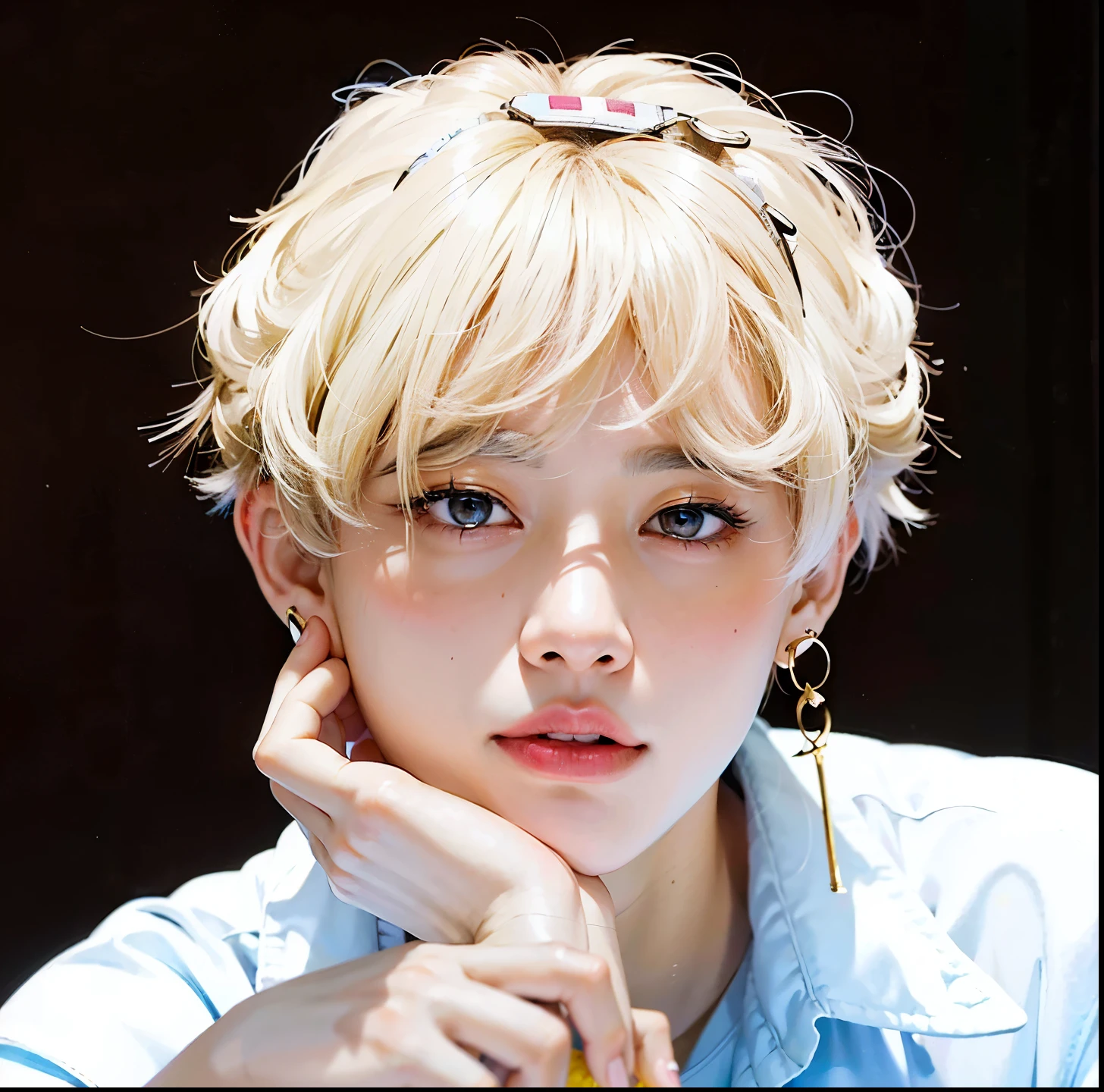 un primer plano de una persona con una banda para el cabello, cai xukun, Jimin\los labios carnosos, Jimin, kim doyoung, taehyung comiendo papas fritas gucci, accurate Jimin face, Jimin\his right eyelid is swollen, park Jimin, Jimin\la nariz griega, pale korean adorable face, TaeJune Kim, inspirado en Kun Can, jungkook