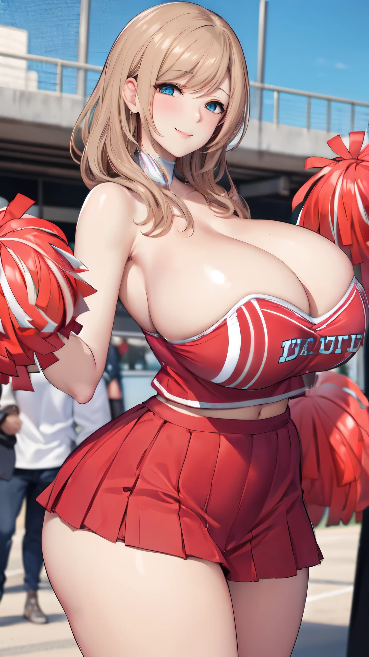 sagging breasts,mature female,smile,huge breasts, gigantic breasts,long breasts, (((face focus))),cowboy shot,Cheerleader