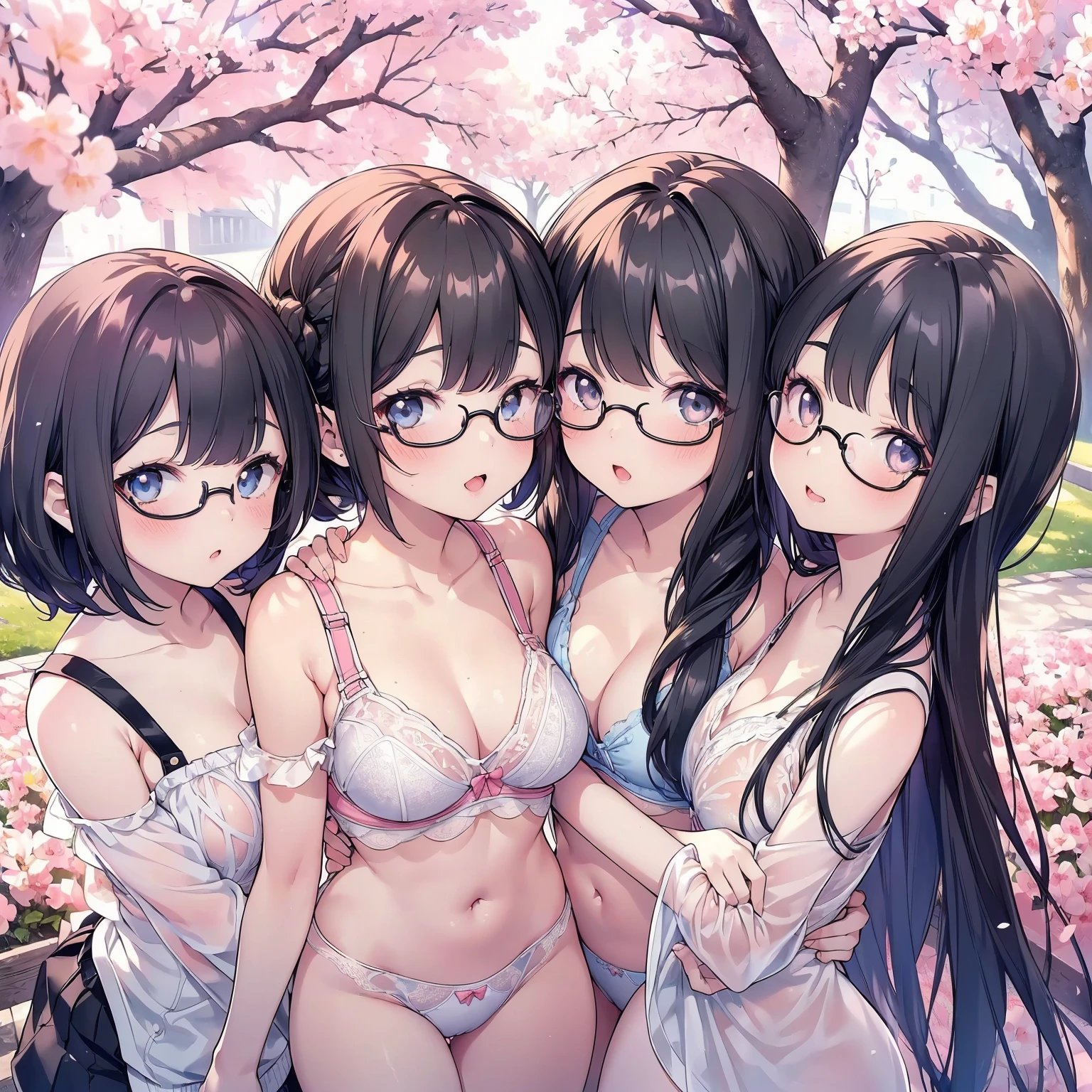 Super detailed, best quality, High resolution, moe-anime, ((((3 little girls with black hair and big round glasses are hugging each other.)))), (baby face), dark blue eyes, cute eyes, detailed eye description, Eye sparkle, Looking at viewer, pale skin, (((petite))), (((face only:1.3))), (bottomless), (Big eyes:1.5), NSFW, focus on the face, ((bust shot)), Bright eyes, In the park where cherry blossoms dance, ((white see-through race bra tops)), Nipples are showing through, from back
