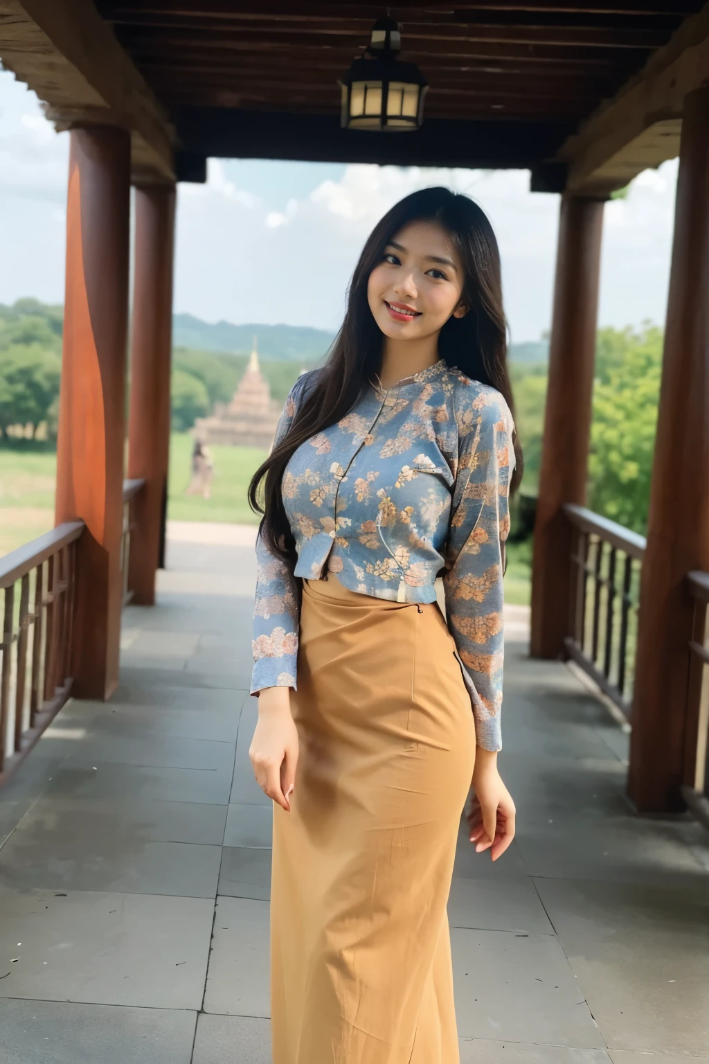a beautiful girl with cute dimples, smiling, wearing
burmese dress, walking in Bagan's street, 4k,
ACMM LS OUTFIT, WEARING ACMM TOP OLIVE
GREEN ACMM TOP; LONG SLEEVES, WEARING
ACMM LONG SKIRT, OLIVE GREEN ACMM LONG
SKIRT, PRINTED SKIRT
OUTDOORS, SCENERY, TRADITIONAL MEDIA,
SKY, DAY, PHOTO BACKGROUND, REAL WORLD
LOCATION, ARCHITECTURE, NATURE, RUINS
LANDSCAPE, BAGAN ANCIENT PAGODA
BACKGROUND