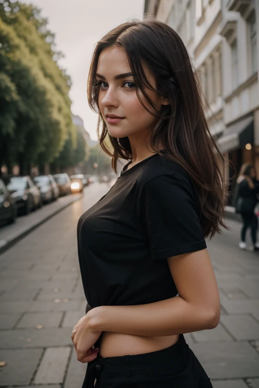 Photography of a stunning girl, in der Stadt, wearing a black t-shirt, genießend, Kizi, Sommer, Hot Girl, (((mittlere Oberweite))), brunette hair, lang_Haar, schaut in die Kamera, symmetrisches Gesicht, fotorealistisch, Fotografie, spectacular lighting,, splendid, westlich, (Masterpice), best quality, high resolution, Extrem detailliert, Haut mit Poren, verschwommener Hintergrund, Depth of field, Filmische Beleuchtung
