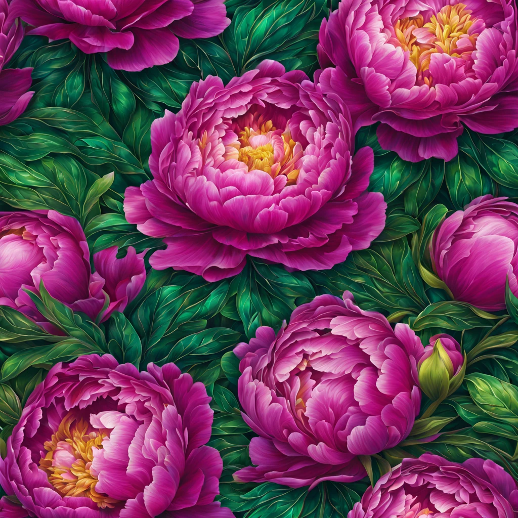 Beautiful pattern of shimmering terry magenta peonies, lots of leaves, green, emerald, gold, glow, digital painting, filigre fine detail, hyper-detailing, hyper-realism, high definition, bright and juicy