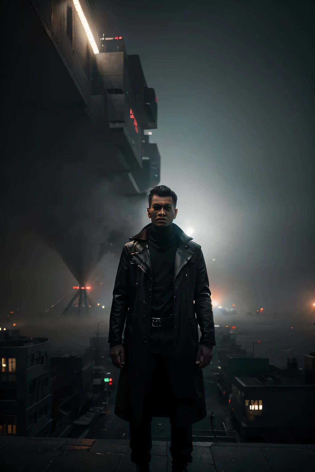 hombre de cuerpo entero, mirando a la camara, Behind him, a dystopian city shrouded in fog with neon flashes flown over by strange flying vehicles, cinematographic, puedes incorporar elementos adicionales que consideres oportunos para crear una imagen llamativa y futurista, capturado con una Sony alfa. a9 ll y Sony FE 200-600 mm f/5.6-6.Lente 3G OSS