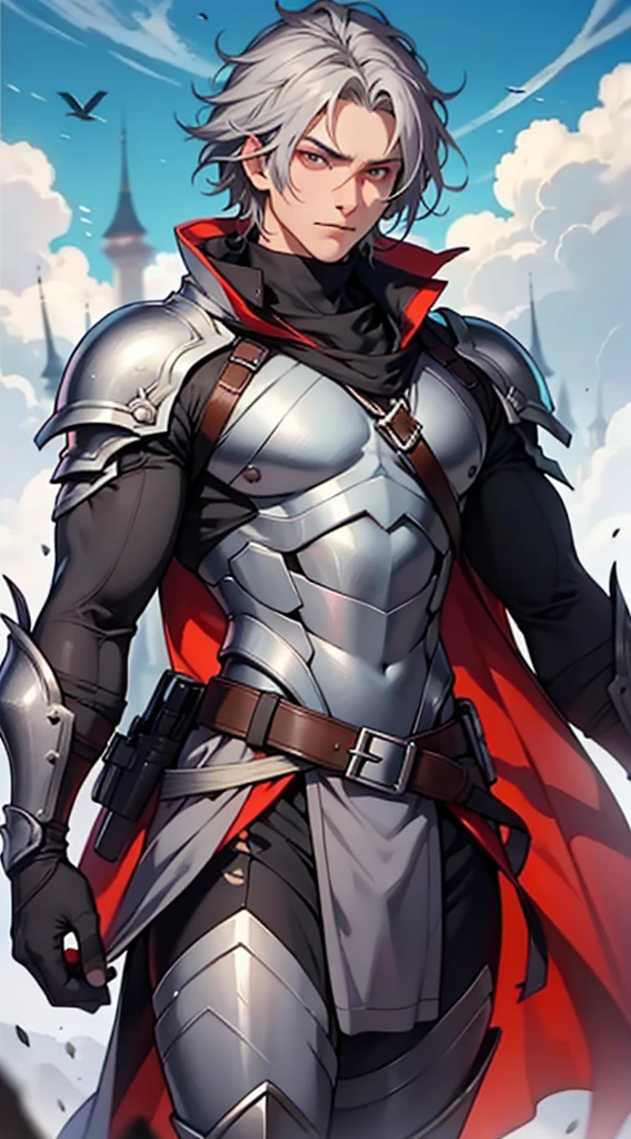 tmasterpiece,Need,超高分辨率,shoun,Black armor,Cloak,musculature,(Short silver-gray hair),red color eyes,Libido boy,scales,Clouds