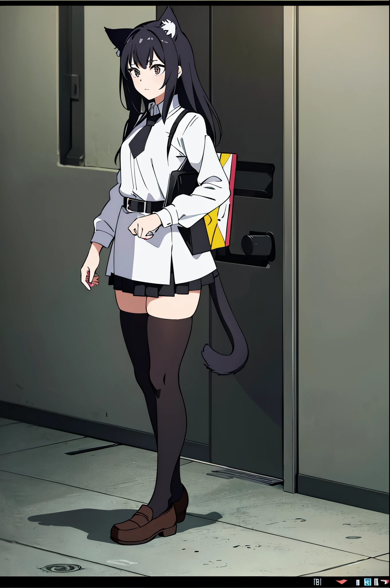1 woman, black and white multi colored hair, cat ears, cat tail, rpg video game styled tunic, box pleat skirt, black school thigh-highs, loafers, pushing back hair, adjusting foot in shoe, school background, full body portrait.