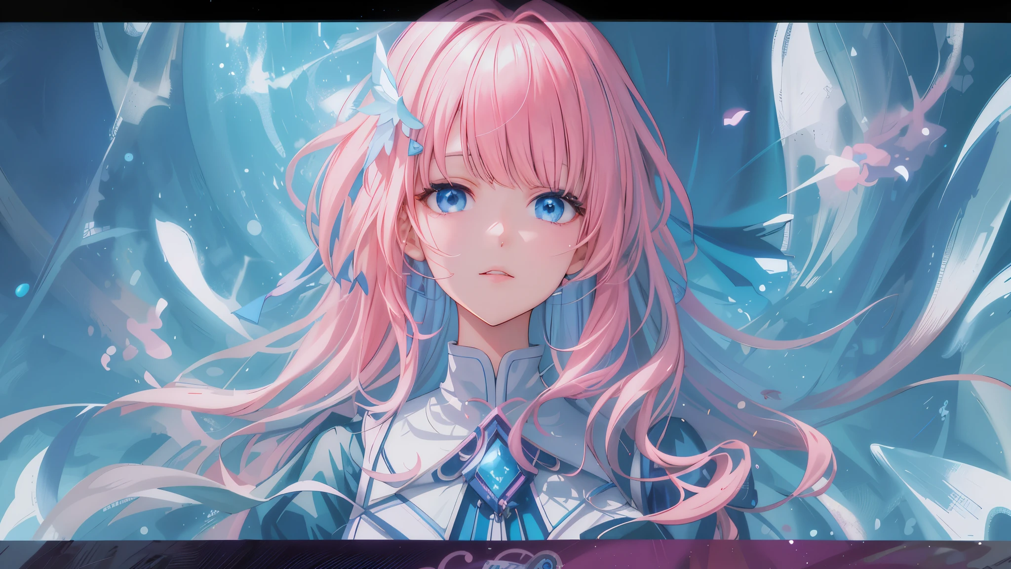 Chica anime con cabello rosado y ojos azules con un vestido azul., retrato, caballeros del zodiaco, little girl, detailed arte animado digital, hermoso retrato animado, anime girl with cosmic hair, Cabello rosado y ojos cian., estilo anime 4k, arte animado digital, anime fantasy illustrations, anime fantasy illustration., retrato chica anime, anime in fantasy style, arte detallado del personaje de anime