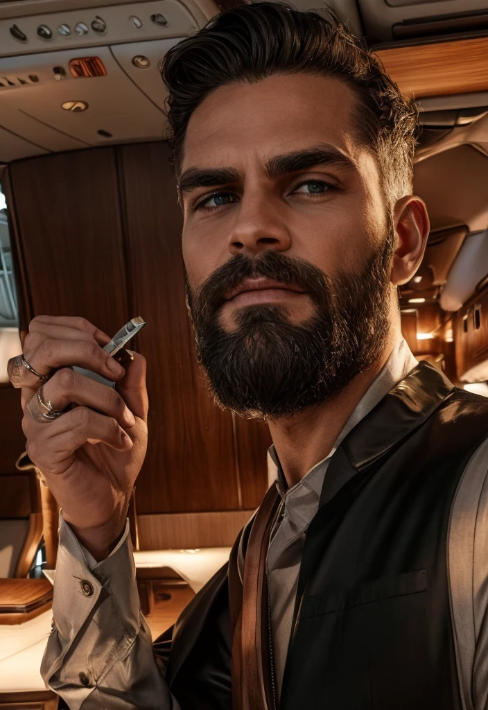 Create an image of a stylish man with a beard and slicked-back hair, wearing sunglasses and a modern, tailored grey suit. He's seated confidently at a luxurious table inside a private jet. The table is set with high-end items such as a crystal glass, a designer ceramic tea set, and ornate silverware. Behind him, there are four bodyguards dressed in black tactical gear, with serious expressions, wearing sunglasses and equipped with modern rifles. The interior of the jet is richly appointed with wood panels and leather seats, giving off an aura of exclusivity and power.