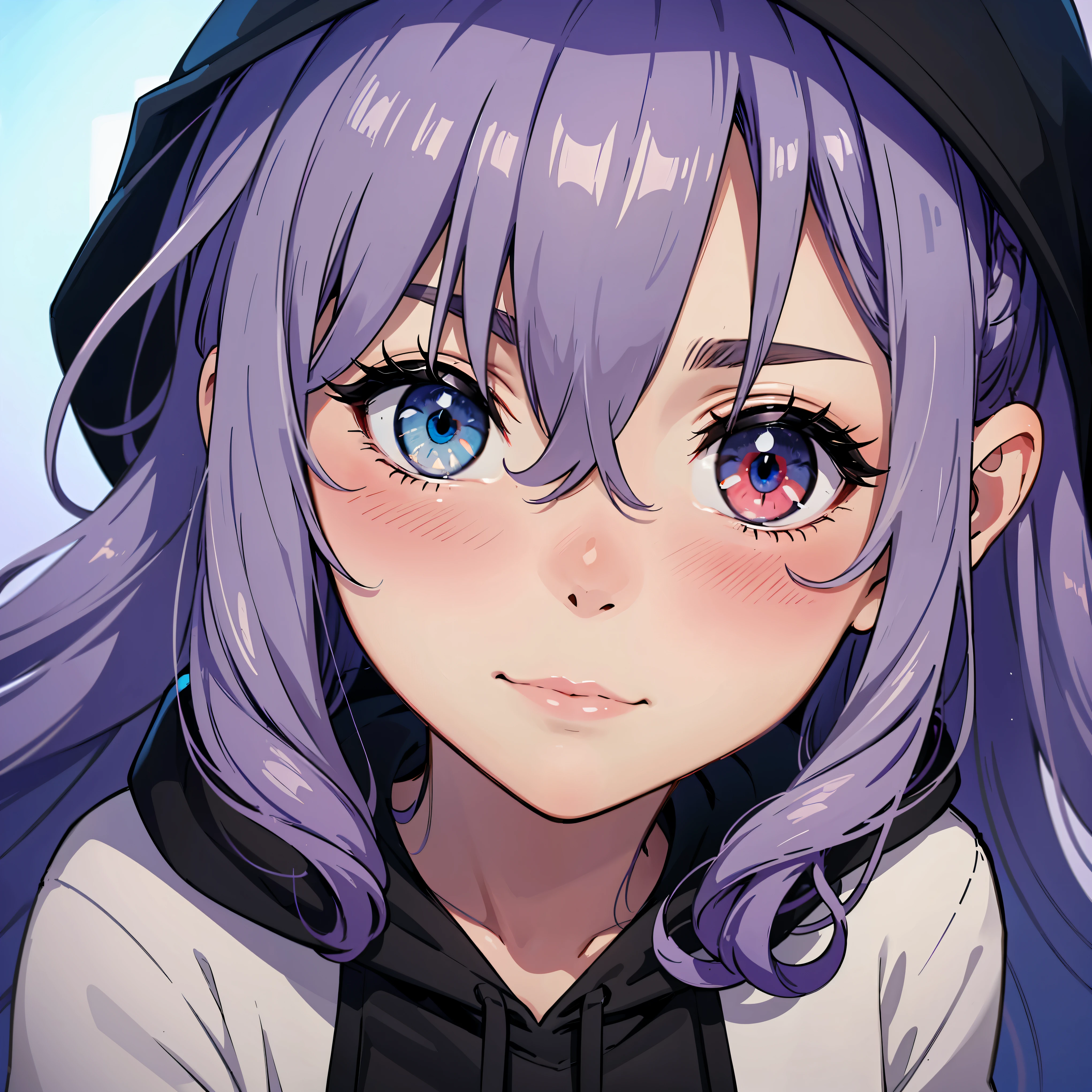 (Open hoodie), light gray hoodie, Cheveux violets, asymmetrical hair, (curly hair), prises de cheveux, side locks, hair over one eye, ((Cheveux longs)), gradient hair, ornement de cheveux, cicatrice sur la joue, capuche, [mole under the eyes], ((fou eyes)), reflet des yeux, (gradient eyes), ((heterochromia)), les yeux rouges, [se maquiller], [[saignement de nez]], fou, (embarrassed), [jaloux], rougir les oreilles, seductive smile, ((blush completely)), [Yandere], animated, animated style, [profondeur de champ], (cinema lighting), [flou de mouvement], reflecting light, ((Plan large)), d&#39;en haut, (Prise de vue au niveau des yeux), UHD, retina, chef-d&#39;artwork, accurate, Textured skin, Anatomiquement correct, high details, high quality