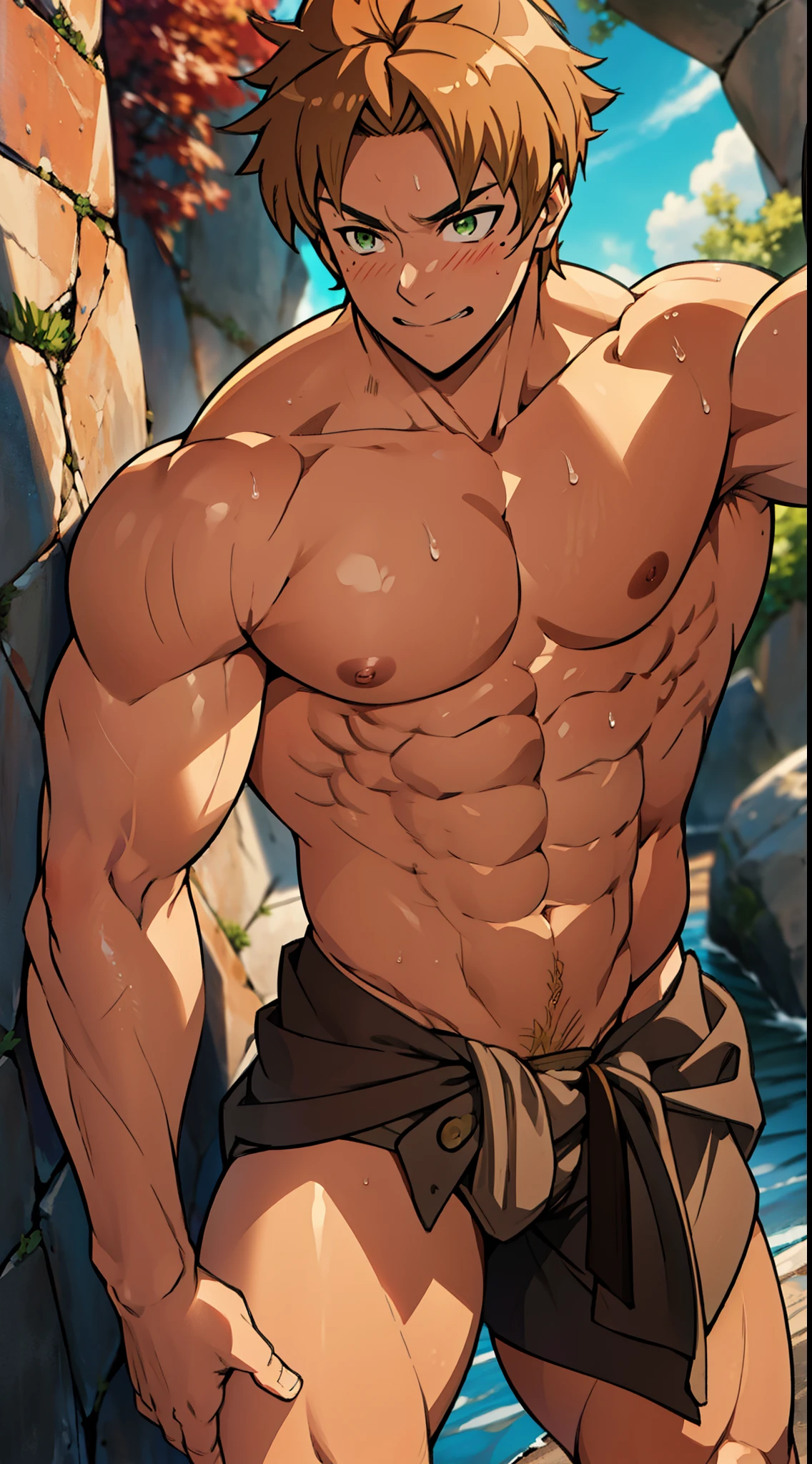 red skin, bright red skin, the boy blushed shyly , rosy skin, shiny skin(muscular thigh muscles )( anime style, art) (photo angle from bottom up) (photo angle from the ground upwards) [Anime photo][highest quality photo][4k,HD photo quality ] wear tight and short loincloths ,the loincloth bulges due to the erect male genitals (muscular thigh muscles, firm thigh muscles, muscular thigh muscles, sinewy thigh muscles, giant thigh muscles, strong leg muscles, muscular hamstring leg muscles)(thigh muscles bulging as if about to explode, muscular, calloused, sinewy, giant) , Rudeus Greyrat,fun, happy,bodybuilder,bodybuilding, standing, lots of sweat flowing down, topless, shirtless, hot sunny, 8 pack abs , short hair , green eyes, Side View, One hand behind the head.