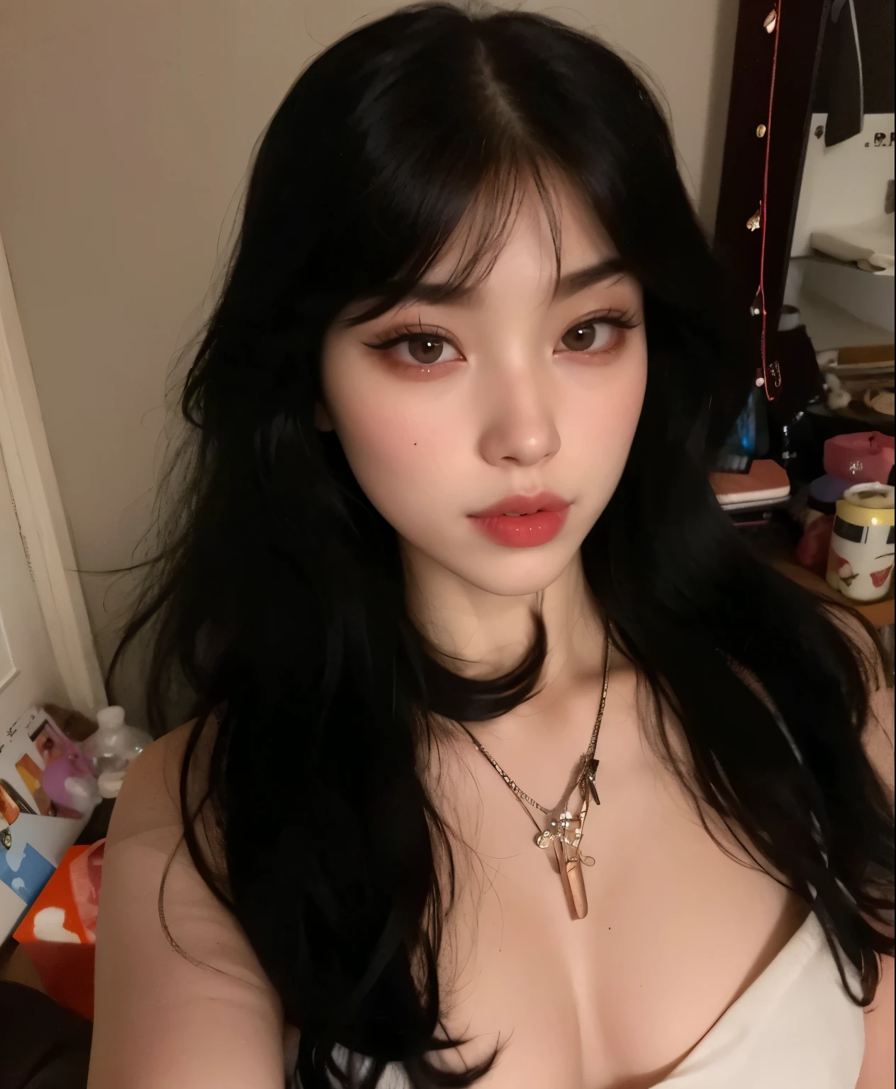 araffed woman with long black hair and a necklace on, pale goth beauty, cruel korean goth girl, 18 years old, with pale skin, she has black hair with bangs, pale porcelain white skin, asian features, with long hair and piercing eyes, pale fair skin!!, asian girl, black hair and large eyes, pale round face, china doll face, joy red velvet