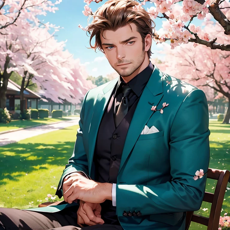 (best quality, vivid colors:1.2), Kivanç Tatlitug, hazel-eyed actor, handsome, with charming smile, in a vibrant garden, under the golden sunlight, wearing a stylish suit, leaning against a blooming cherry blossom tree, with gentle breeze blowing his hair, surrounded by colorful butterflies, exuding confidence and charisma. (photorealistic:1.37), (portrait, outdoors), (lush greenery, blossoming flowers), (warm and inviting color palette), (soft and natural lighting)