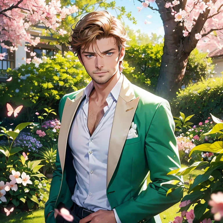 (best quality, vivid colors:1.2), Kivanç Tatlitug, hazel-eyed actor, handsome, with charming smile, in a vibrant garden, under the golden sunlight, wearing a stylish suit, leaning against a blooming cherry blossom tree, with gentle breeze blowing his hair, surrounded by colorful butterflies, exuding confidence and charisma. (photorealistic:1.37), (portrait, outdoors), (lush greenery, blossoming flowers), (warm and inviting color palette), (soft and natural lighting)