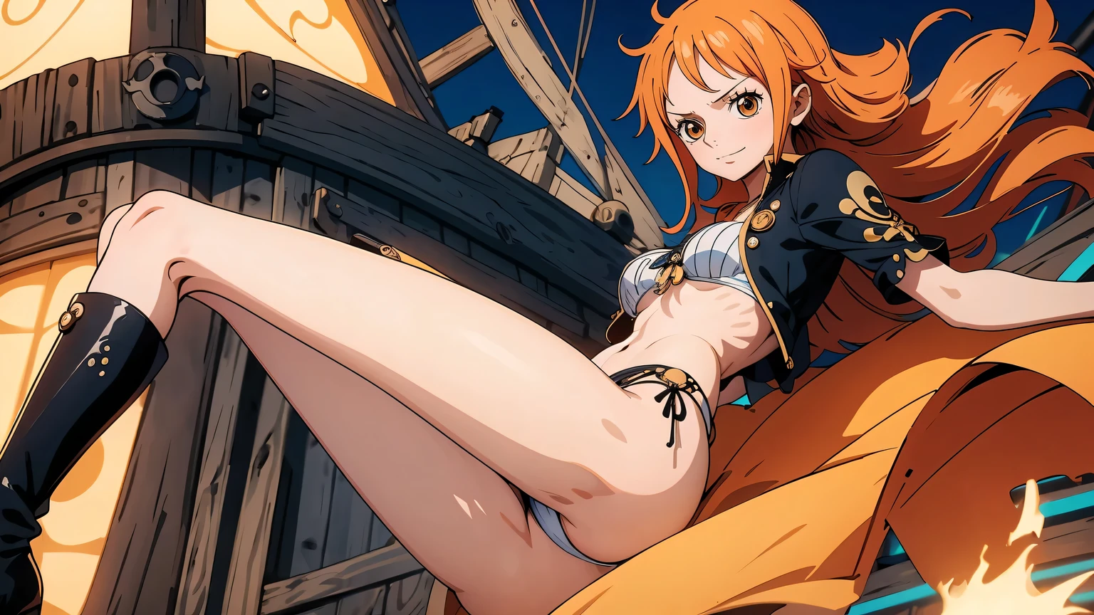 generate style anime nami onepiece unique piece, com cabelos longos laranjados e amarrados, olhos perfeitos e detalhados, seios grandes e decotados, beautiful open legs wearing black boots standing on pirate ship. The image features a high definition 4k HDR resolution.