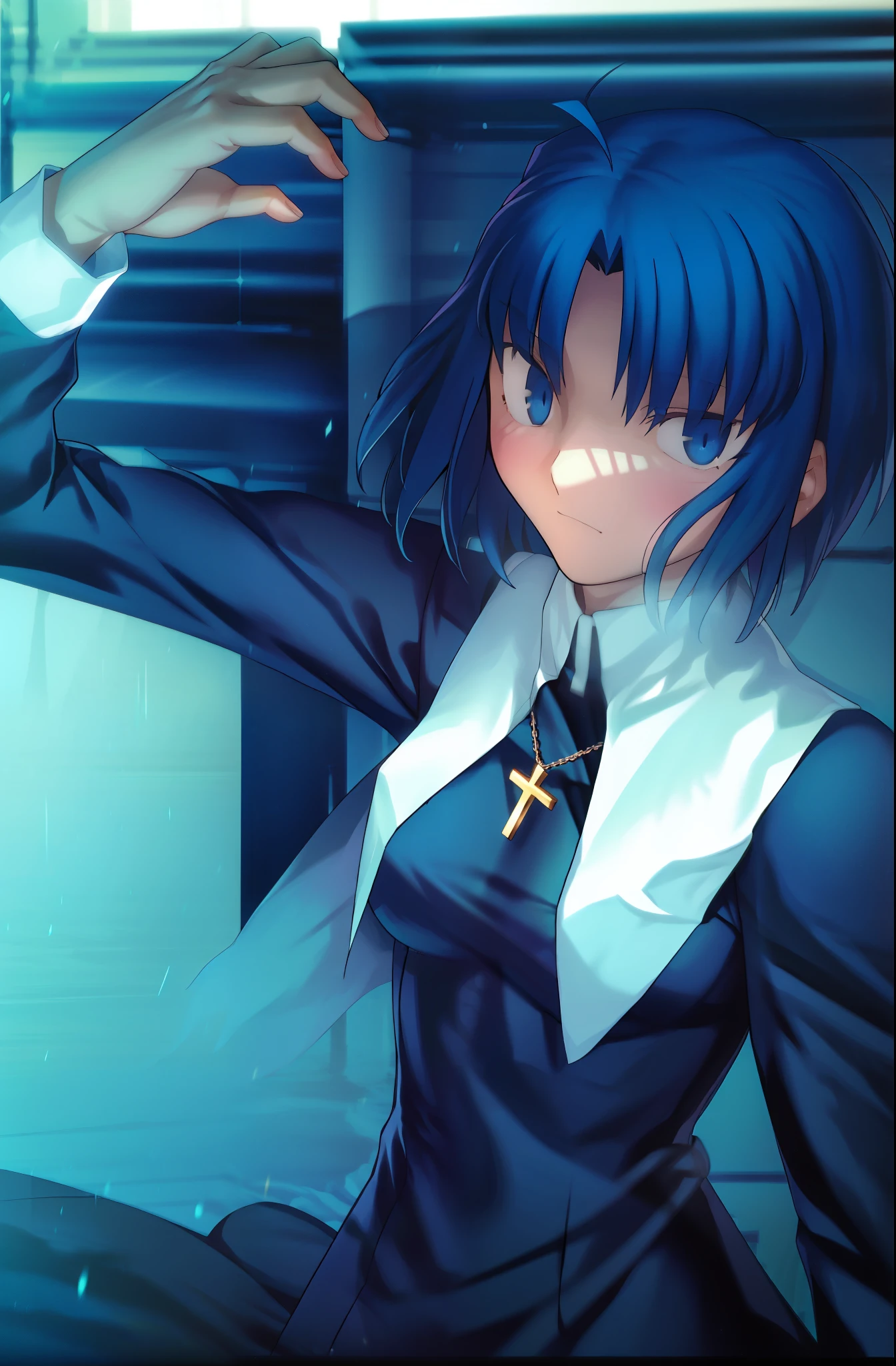 (best quality, 4k, 8k, highres,m asterpiece:1.2), (ultra-detailed:1.6), slender figure, (soft, delicate features:1.1), (vivid colors), ciel_(tsukihime), cowboy shot, 1girl, solo, (long sleeves black dress;1.4), chain, habit open, sad, looking at viewer, antenna hair, (ahoge:1), closed mouth, fingernails, breasts, medium breasts, cross, latin cross, cross, holding, necklace, nun, symmetrical, serious, (Shadowed:1.5)
