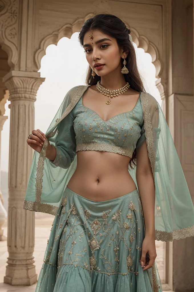 Create a 3D image featuring a girl in an ethereal ghagra choli, incorporating delicate embroidery, flowing fabrics, and dreamy pastel colors for a fairy-tale vibe.