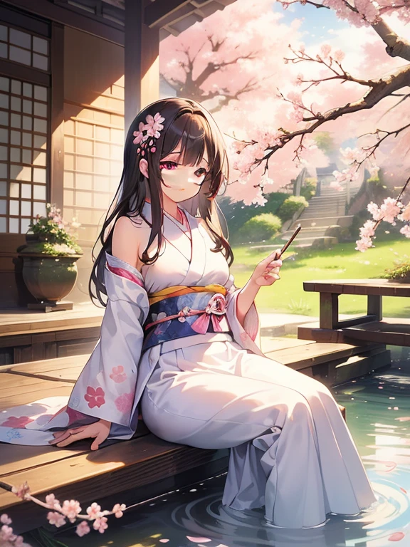 girl in a garden, traditional Japanese art, vibrant colors, sakura blossoms, flowing kimono, peaceful atmosphere, soft natural lighting, delicate details, intricate patterns, serene expression, cherry blossom petals, harmonious nature, dreamlike scenery, traditional brush strokes, graceful posture, tranquil setting, gentle breeze, serene beauty, rhythmic composition, evokes a sense of tranquility and serenity. (best quality,highres), (traditional art:1.2), (vibrant colors:1.1), (delicate details:1.1), (soft natural lighting:1.1), (serene expression:1.1), (cherry blossom petals:1.1), (harmonious nature:1.1), (traditional brush strokes:1.1), (graceful posture:1.1), (gentle breeze:1.1), (serene beauty:1.1), (rhythmic composition:1.1), (tranquil setting:1.1)
