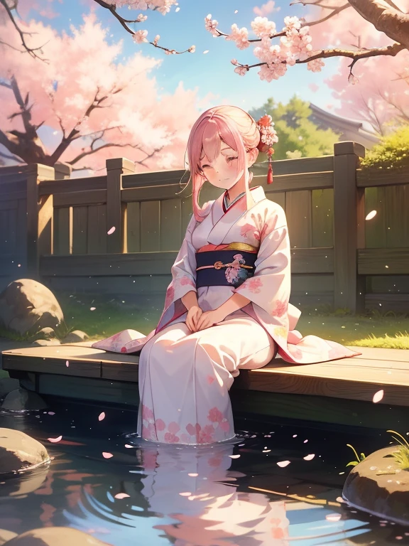 girl in a garden, traditional Japanese art, vibrant colors, sakura blossoms, flowing kimono, peaceful atmosphere, soft natural lighting, delicate details, intricate patterns, serene expression, cherry blossom petals, harmonious nature, dreamlike scenery, traditional brush strokes, graceful posture, tranquil setting, gentle breeze, serene beauty, rhythmic composition, evokes a sense of tranquility and serenity. (best quality,highres), (traditional art:1.2), (vibrant colors:1.1), (delicate details:1.1), (soft natural lighting:1.1), (serene expression:1.1), (cherry blossom petals:1.1), (harmonious nature:1.1), (traditional brush strokes:1.1), (graceful posture:1.1), (gentle breeze:1.1), (serene beauty:1.1), (rhythmic composition:1.1), (tranquil setting:1.1)