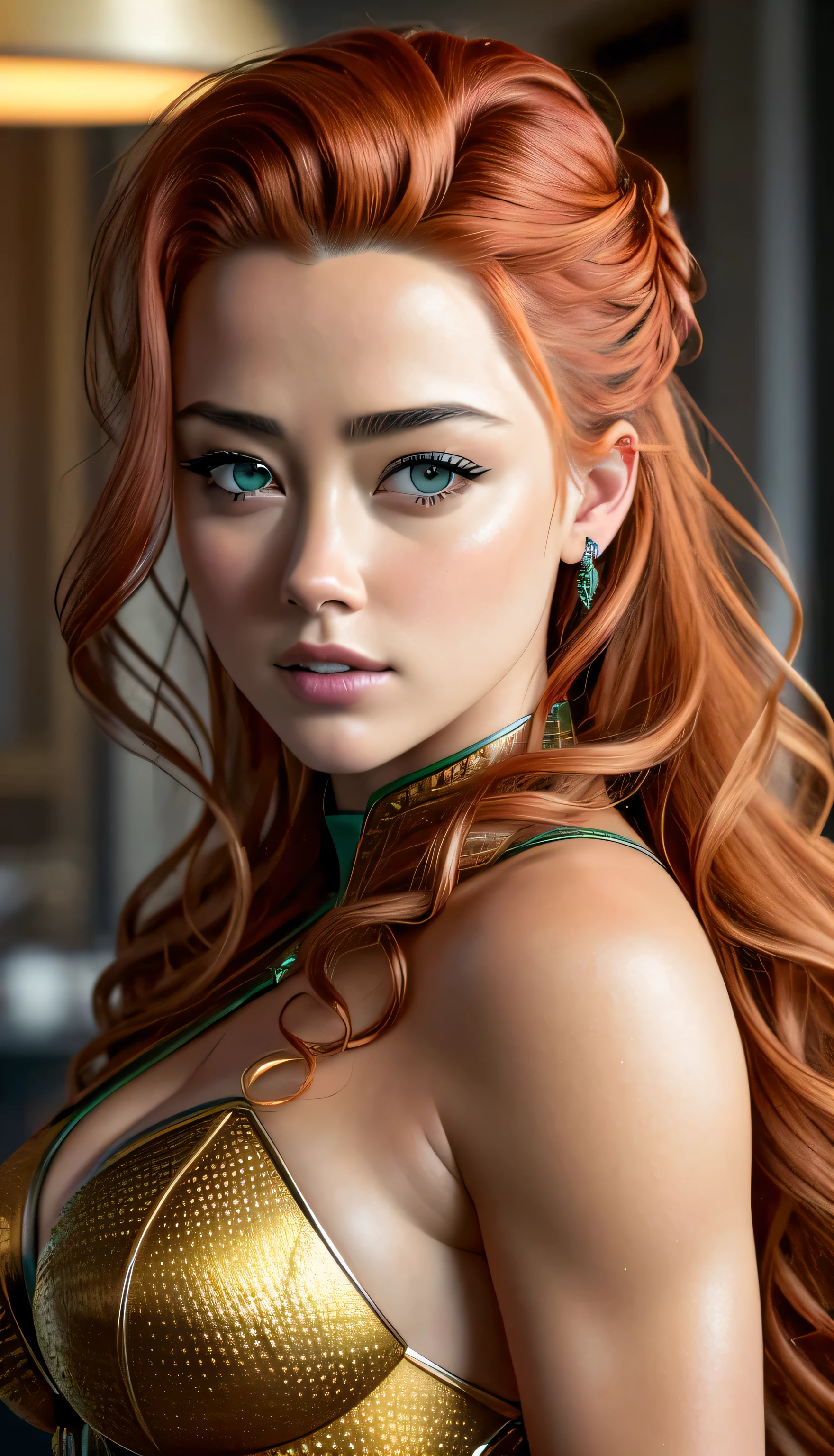 (chef-d&#39;Ouvrages d&#39;Art), (meilleure qualité), (photoréaliste:1.3), 8K, texture de peau détaillée, texture de tissu détaillée, beau visage détaillé, détails complexes, Ultra détaillé, Ambre entendue, Mera dans la tenue verte du film Aquaman, cheveux rouge raides, (corps pleine longueur:1.2)