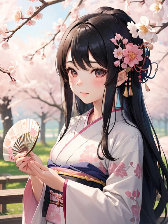 A girl with long black hair in a blooming sakura garden, wearing a traditional kimono, holding a fan gracefully, with a radiant smile on her face. Her eyes are beautifully detailed and expressive. The sakura petals are falling gently around her, creating a mesmerizing atmosphere. The artwork is created with traditional Japanese ink painting (sumi-e) technique, capturing the delicate textures and flowing brushstrokes. The image is of the best quality, with a high resolution of 8k, showcasing the intricate details of each petal and the fine lines of the kimono. The color palette is soft and ethereal, with pastel hues and a touch of pink to enhance the sakura theme. The lighting is warm and soft, illuminating the girl's face and casting subtle shadows on the ground. The overall style is influenced by Japanese ukiyo-e artworks, combining the elegance of traditional aesthetics with a touch of modern interpretation.