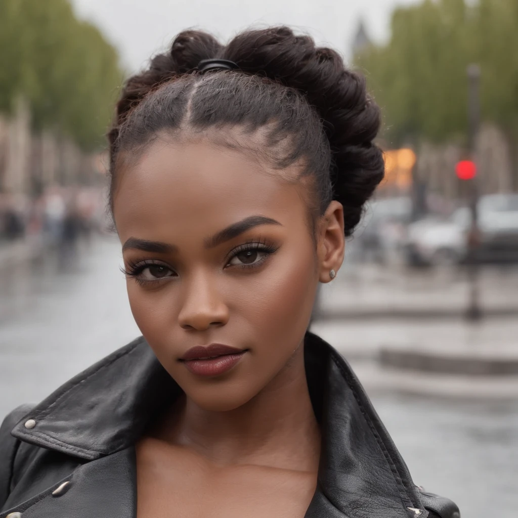 ((Dark African skin, Very deep ebony skin)), ((Its beauty undeniable)), ((Excited cute face)), ((Hyper detailed perfect eyes,)), ((pose mignonne)), ((Langue sortie)), ((Seductive )), sexy, ((beanie, black leather warm winterjacket, jeans)), ((Afro ponytail with long African curly hair, mascara, lipstick)), ((debout, vue de face)), ((toucher ses propres jambes dans une pose sexy)), ((Madrid, rain, storm, Ville publique, people in the background)), Sharp Focus CGI, photoreallistic, High detail, Realstic, Masterpiece, absurdes, Best quality, Hdr, High quality, high-definition, Extremely detailed, 8k wallpaper, Intricate details, 8K UHD, Full-HD, (photo realist:1.2), contraste, intense illumination, lighting cinematic, natural lighting, veilleuse, Nuit, Illumination globale, a la piscine African women、Female sexy、