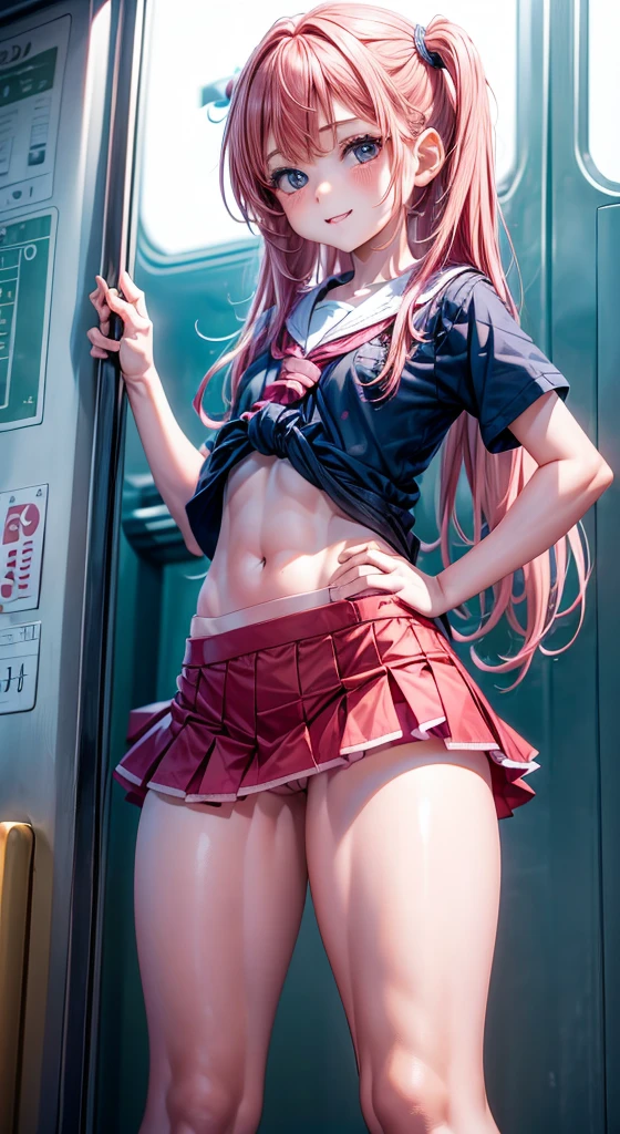 very small 1girl, (stand:1.3), big ass, heart, hetero, long hair, very large massive penis, veins, veins penis, pink hair, on the train , school uniform, covered nipples, white tightsskirt, small stockings, small cute thong, spread legs