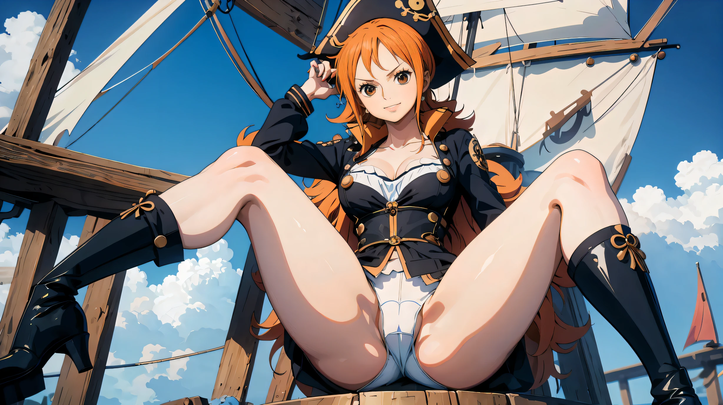 generate style anime nami onepiece unique piece, com cabelos longos laranjados e amarrados, olhos perfeitos e detalhados, seios grandes e decotados, beautiful open legs wearing black boots standing on pirate ship. The image features a high definition 4k HDR resolution.