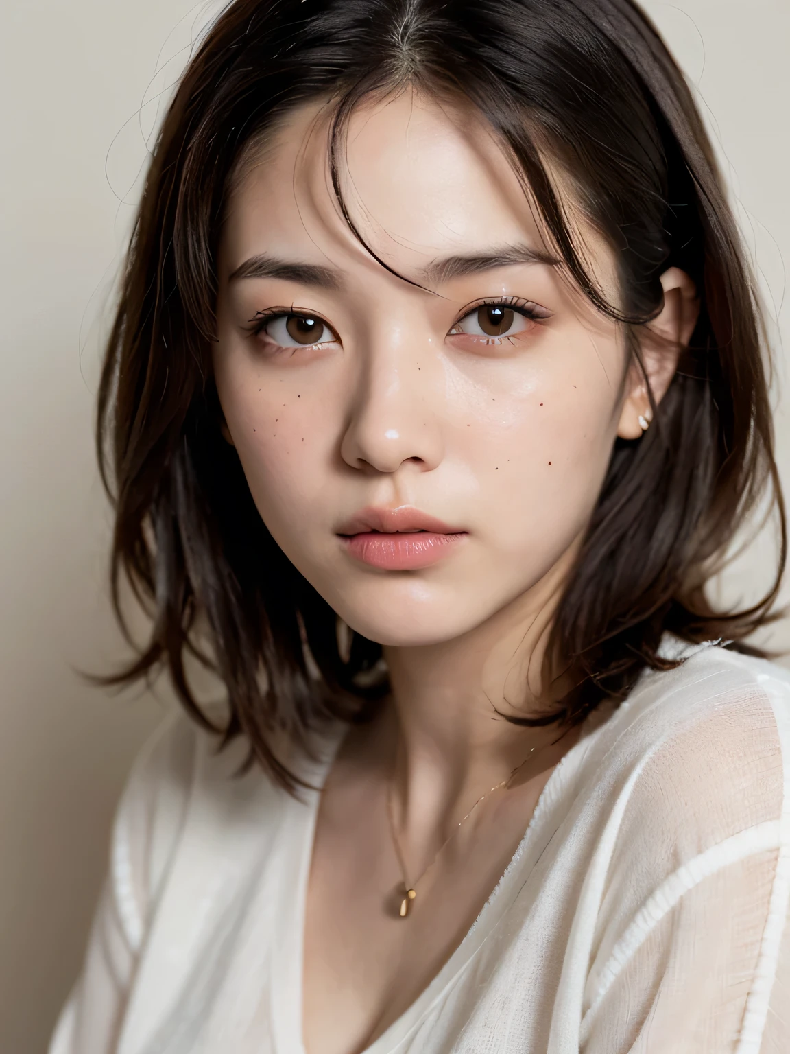 top quality:1.3、​Masterpiece、high resolution、［1 girl in］、｛alone｝、original photo、real person、Photo of an attractive woman with loose brown hair, abortion、posing in the room, boring, mascara, ,(textured skin, skin pores:1.1), (mole:0.8), (imperfect skin:1.1) intricate details, goosebumps, face perfect, (Seton freckles:0.9), ((realism):1.1), (born, 8k:1.2), gloomy, pastel colors,、delicate skin、Japanese、Thin bangs、Berry Short Hair、jean jacket、Wear it with a white T-shirt、spotlight、perforation、A necklace、white wall