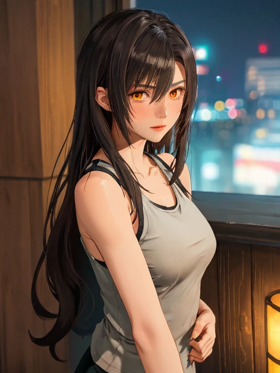 ((Incredibly beautiful villainous woman in a bright orange tank top:1.3))、cuerpo completo, ((NSFW))、Asymmetrical long hair,、Frente abierto、una mujer madura、Muy juvenil y genial.、pelo azul cielo,pelo largo rojo、Dormitorio con vista nocturna cyberpunk、great lighting、small eyes、ojos azules、Pico de la Copa C、Serious facial expression