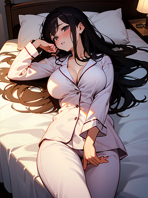 1girl, solo, dark hair, long hair, bedroom bed in background, pajamas, white pajamas, lying on back, (large breasts), cute, gravure pose, shy, blush, parted lips, night,
