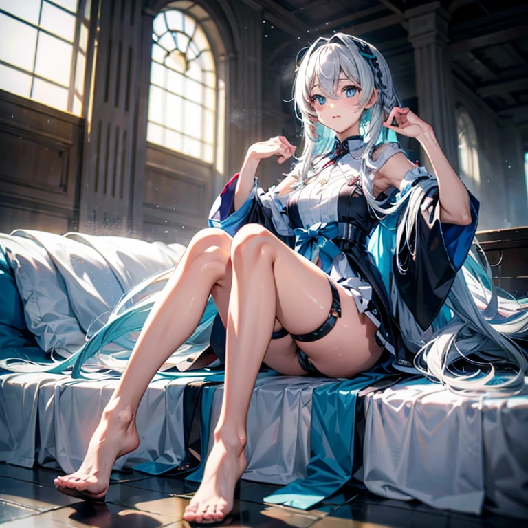 hatsune Miku、(ultra Realistic), (An illustration), (Highres), (8K), (highlydetailed), (the best illustration), (Beautiful Detailed Eyes), (beste Quality), (Super Detailed), (Master peace), (Wallpapers), (Detailed Face), solo, 1girl, Aristocratic dresses、White hair, Iris heterochromatic eyes, small moles under eye, medium chest, Long legs,Stunning composition,Foot braids,Beautiful and detailed legs