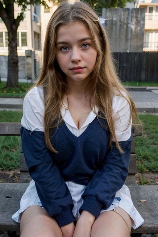 french girl wearing a school uniform, she is 16 yeais blonde, ((blue eyes)), perfect face, cute, big natural saggy breast, selfie on her face and cleavage, ((sexy)), sitting in a street bench, blonde hair, cross legged, ((school uniform)), white school blouse,