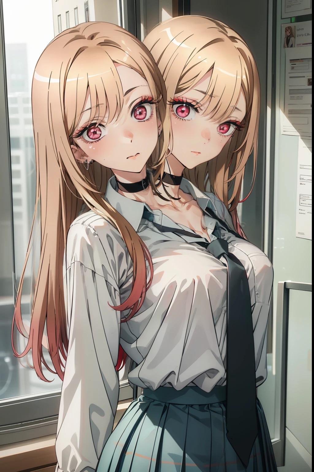 marin kitagawa, blonde hair, choker, ear piercing, earrings, long hair, piercing, (red eyes:1.5), straight hair, (two_heads:1.5), swept bangs,
BREAK black necktie, long sleeves, pleated skirt, school uniform, shirt, skirt, sleeves rolled up, white shirt, cleavage,
BREAK indoors, classroom,
BREAK looking at viewer, 
BREAK (masterpiece:1.2), best quality, high resolution, unity 8k wallpaper, (illustration:0.8), (beautiful detailed eyes:1.6), perfect lighting,