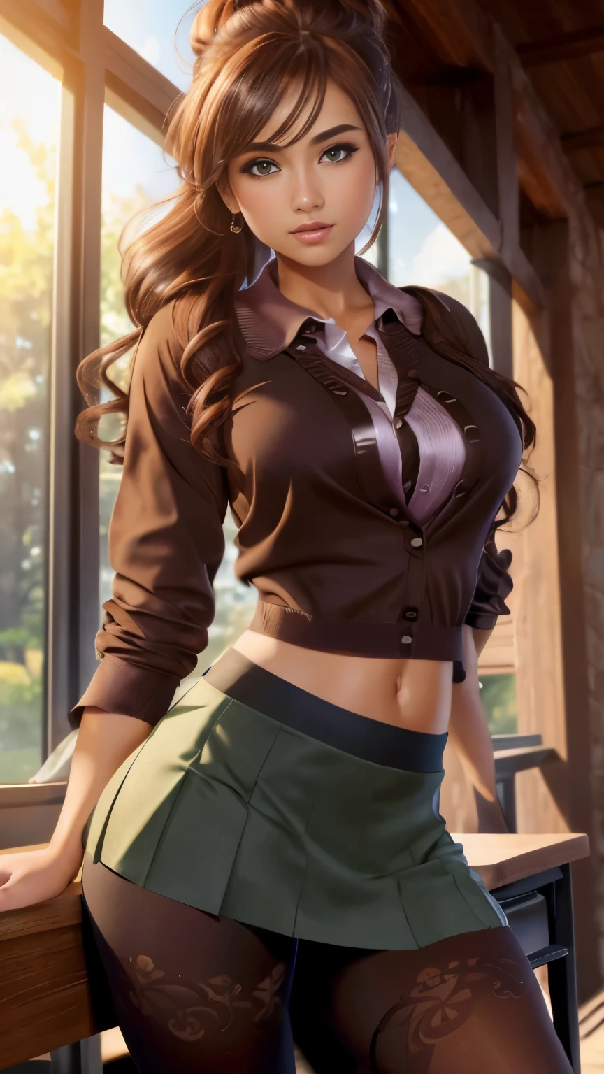 1girl, masterpiece, high resolution, extreme detail, nvidia rtx, 8k, hdr, beautiful 20 year old with dark skin, dark skin, auburn hair , wavy hair, cheeks blushing, very dark lipstick, sweater, ((blouse:1.5)), ((unbuttoned:1.5)), ((unzipped:1.0)), bra:1.0, panties:1.0, scarf, ((mini skirt:1.2)), ((tights:1.2)), large breasts, cleavage:1.0, hair in large bun, outdoors, college classroom, sunlight, sunbeams, volumetric lighting, subsurface scattering, 3/4 long shot, cowboy shot, shot from below, low angle shot, sexy pose, seductive pose, bending over a desk