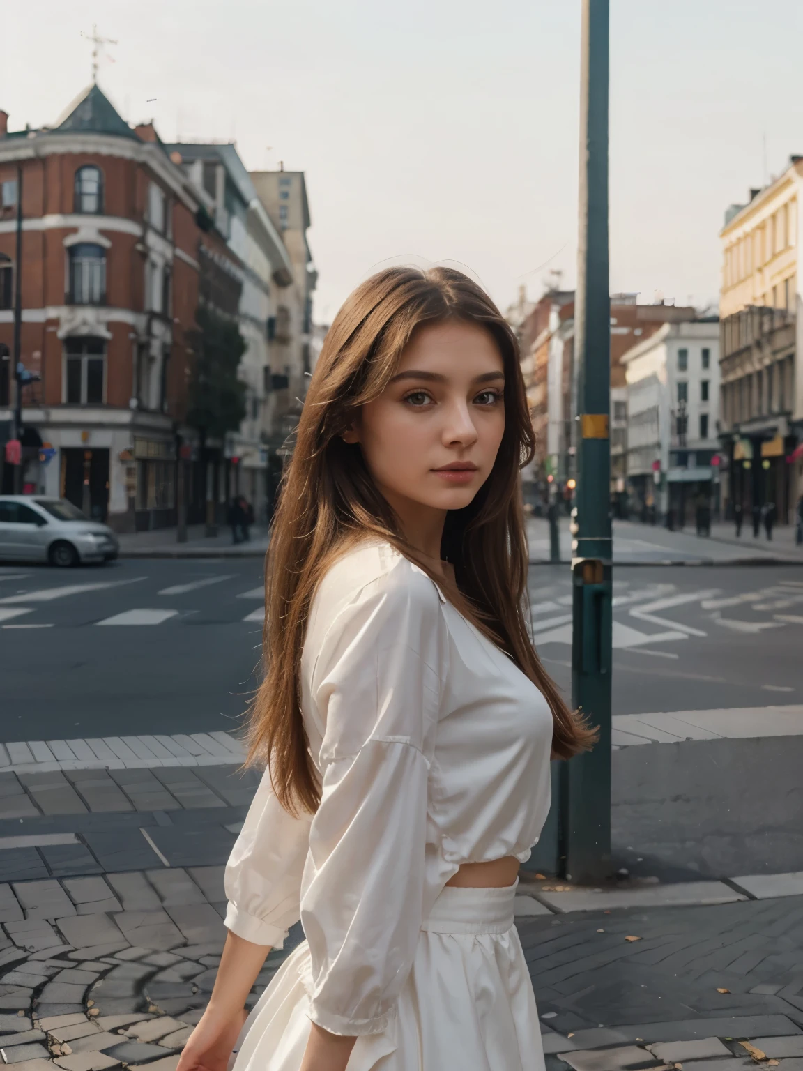Beautiful girl, Delicate Hair, Beautiful Slavic woman , light silk, city background, clean color, masterpiece, super detailed, High quality, super realistic, 4k