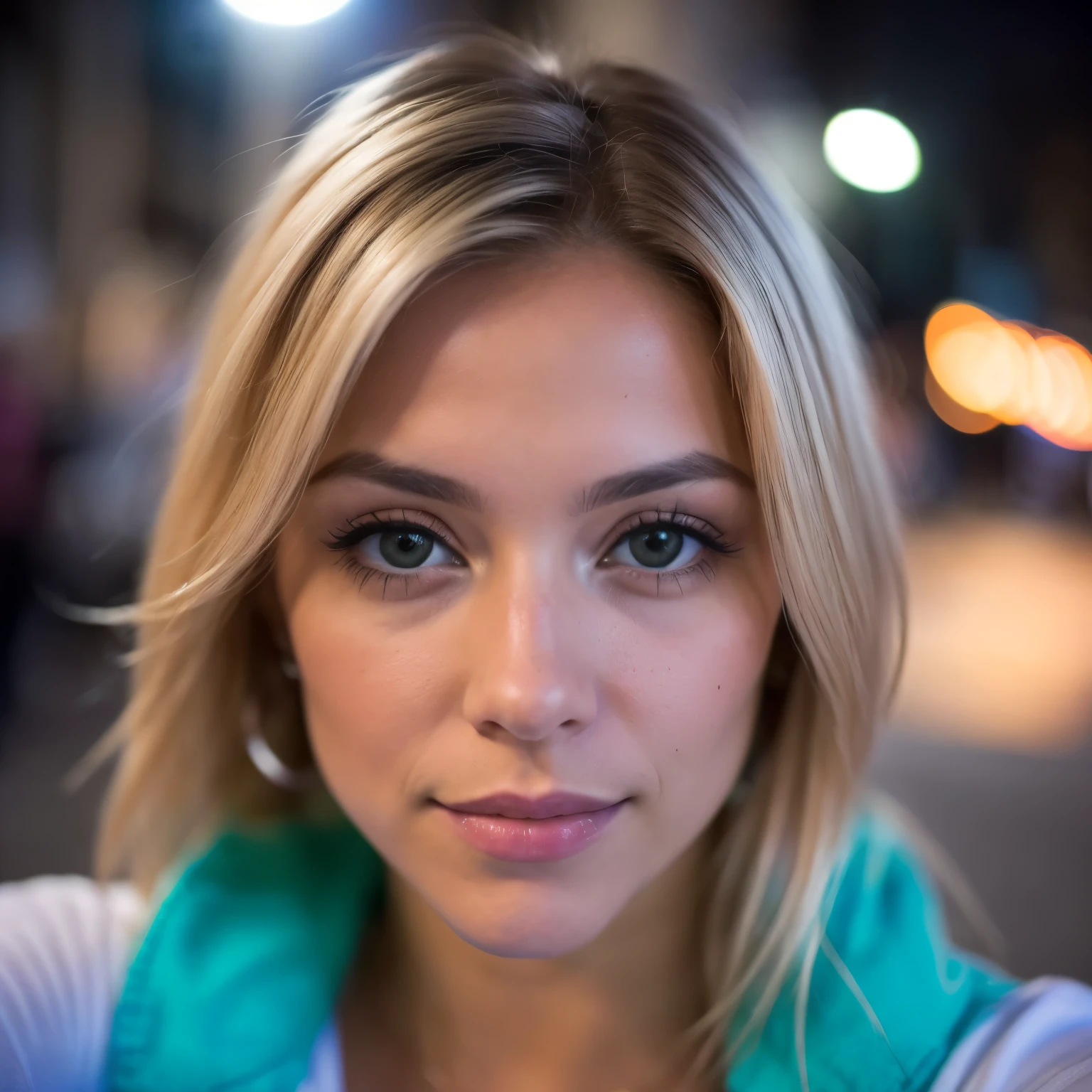 (Selfie, Vista superior: 1.4), (mitad recta del cuerpo: 1.4), RAW uhd portrait photo of a 24 year old blonde (Mujer de ojos azules) walking down a dark alleyway, tetas grandes,, Ciudad de noche, ( falda), (detalle), Detalles (tejido! , cabello! , brillar, Color!! , Desventajas: 1.1), Ojos brillantes con alto nivel de detalle (staring at the camera), SLR lighting, SLR camera, Calidad Ultra, agudeza , Profundidad de campo, Film grain (centro), Fujifilm XT3, Cristalina, Centro del marco, Cara hermosa, sharp focus, street light, fluorescent lighting, Bokeh (Poca luz), Noche, (cielo nocturno), poros detallados de la piel, piel grasa, quemadura, Detalle ocular complejo, cuerpo entero, tetas grandes,