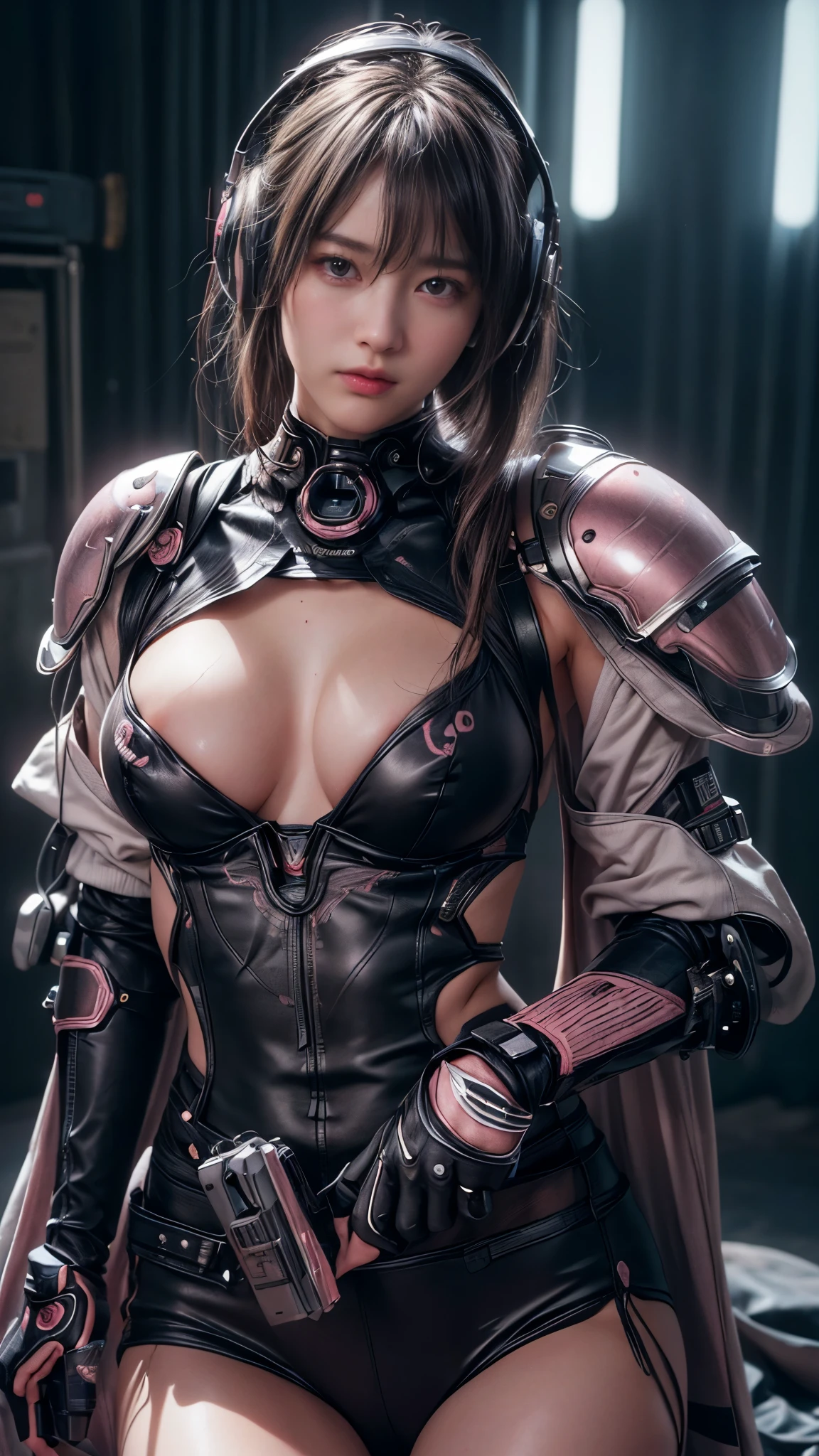 best image quality, excellent details, ultra high resolution, (realism: 1.4), best illustrations, Favor details, 1girl concentrated in high concentration, With a delicate and beautiful face, Dressed in black and pink mechs, wearing mechanical headphones, High Technology、holding a directional controller, laboratory, the background is a high-tech lighting scene of the futuristic city.((delicate pictures))，(Detailed RAW photos of girls), (muste piece:1.25), (best quality:1.6), (ultra high resolution:1.5), (It's photorealistic:1.75), 8K resolution, Canon EOS R5, 50mm, disorganized, Super detailed,cinematic lighting,shoulder rest、knee pads、Shin pads、breastplate、(protector)、(armor)、((nsfw))、((Upper body close-up))