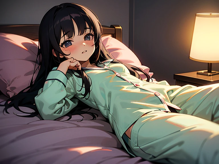 (1 girl), dark hair, bedroom bed in background, pajamas, lying on back, cute, gravure pose