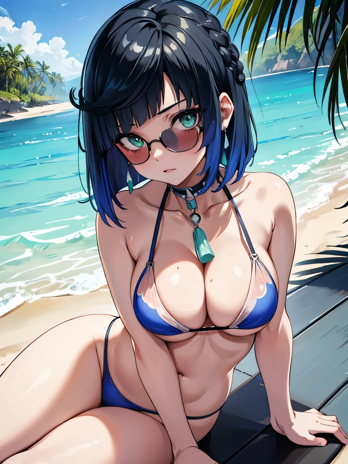 perfect body, sensual cleavage, medium breasts, wearing beachwear, wearing transparent bikini, seductive bikini, Ultra HD, 4k image, very tight clothes, best image quality, (fidelity: 1.4), light green globe eyes, eyelashes, pupils beautiful, shadows, slight blush, delicate facial features, reasonable facial features, bare shoulders exposed, waist exposed, creative poses, full body